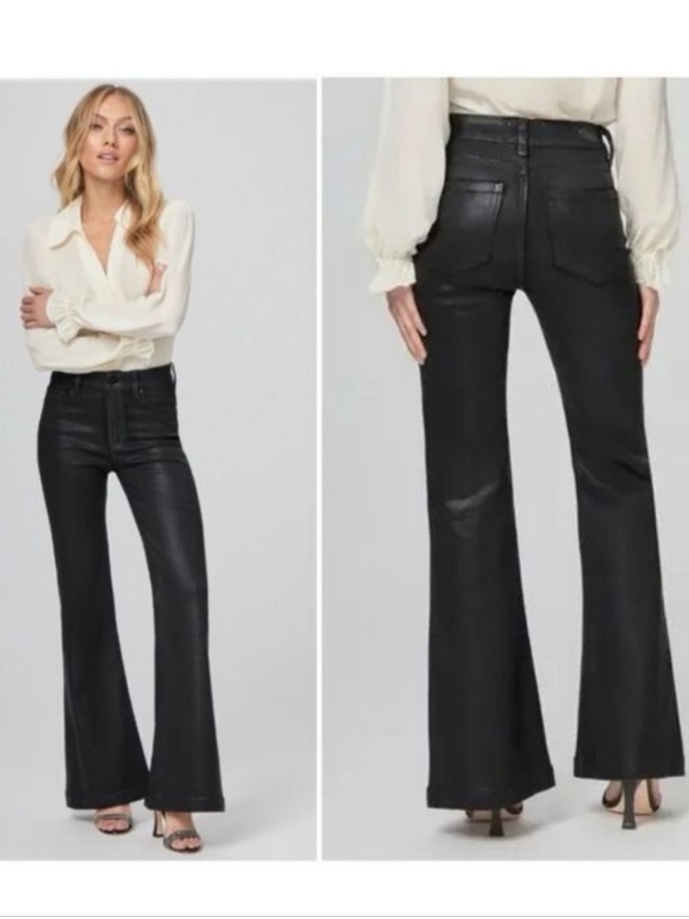 PAIGE Black High-Rise Flare Leather-Look Jeans